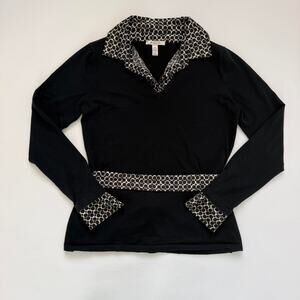 JM Collection Black V Neck Sweater w/ Geometric Print Collars